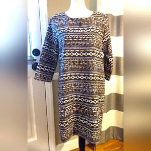 EVERLY Southwest Aztec Dress Midi 3/4 Sleeve Blue/White/Tan